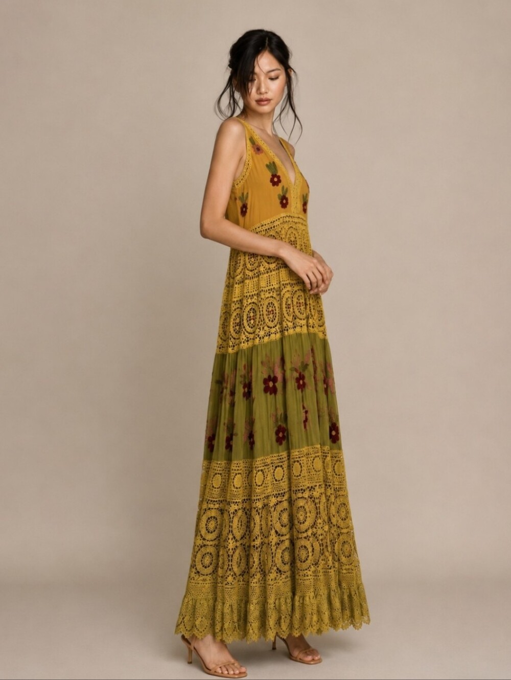 Boho Lace Embroidered Maxi Dress Vintage Inspired Crochet Boutique - Picture 3 of 14